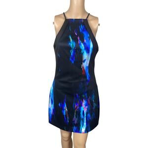 Bebe Black Watercolor Abstract Print High Neck Scuba Sheath Dress SZ M
